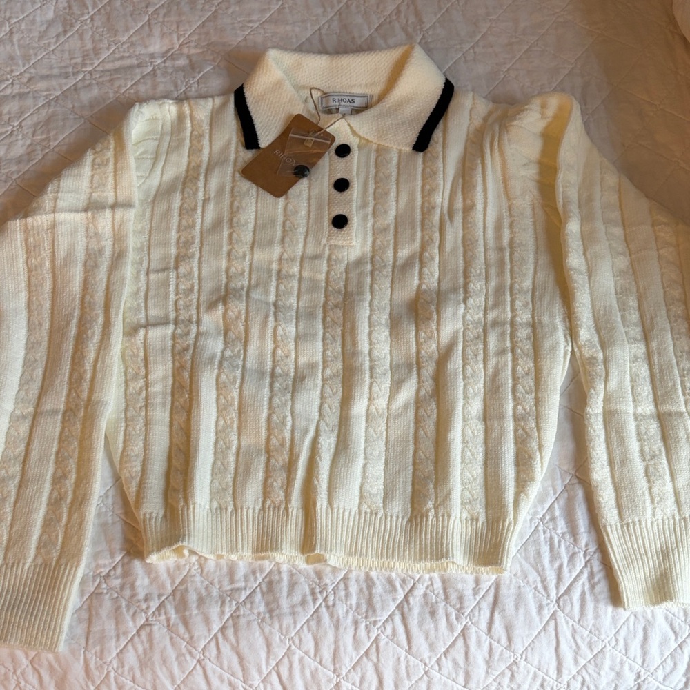 RIHOAS Cream Cable Knit Sweater with Black Trim